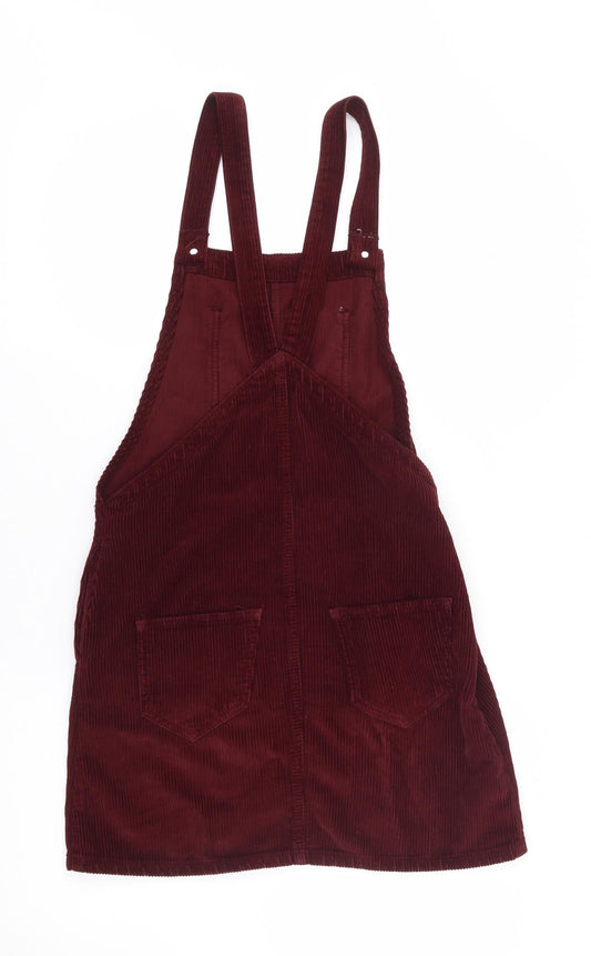 Topshop Womens Red Cotton Pinafore/Dungaree Dress Size 6 Square Neck