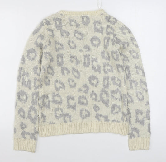 Dorothy Perkins Womens White Round Neck Animal Print Acrylic Pullover Jumper Size 8