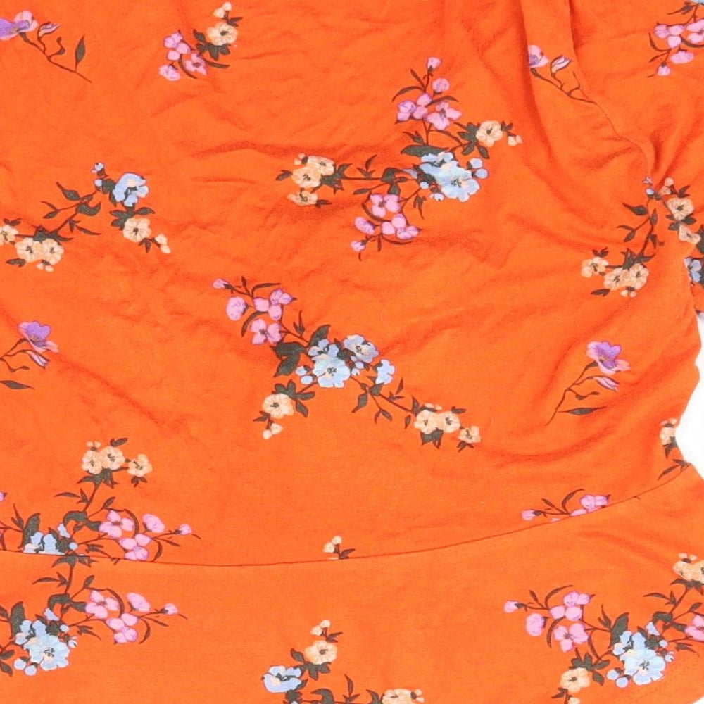 Primark Womens Orange Floral Polyester Basic T-Shirt Size 8 V-Neck