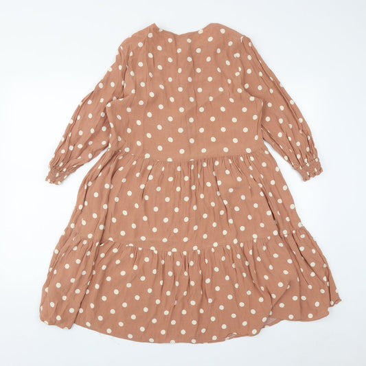 F&F Womens Brown Polka Dot Viscose Fit & Flare Size 10 Round Neck Button