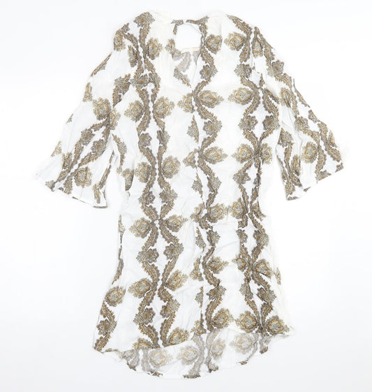 H&M Womens White Geometric Viscose A-Line Size 8 Crew Neck Button