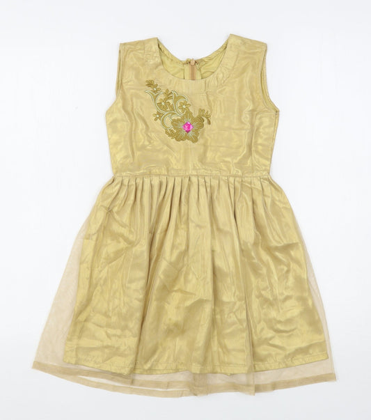 ChenOnel Girls Gold Polyester Fit & Flare Size 5-6 Years Round Neck