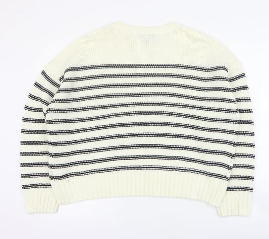 New Look Womens Ivory Round Neck Striped Acrylic Pullover Jumper Size L - Cropped