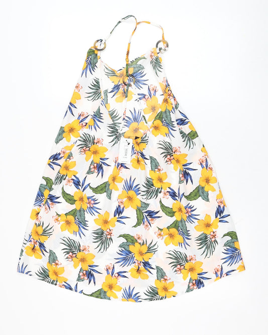 New Look Womens White Floral Polyester Tank Dress Size S Round Neck Pullover