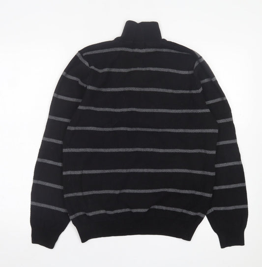 Blue Harbour Mens Black High Neck Striped Cotton Pullover Jumper Size M