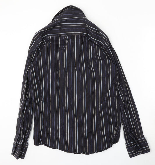 Soviet Mens Black Striped Cotton Button-Up Size M Collared Button