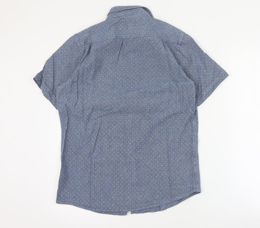 TU Mens Blue Geometric Cotton Button-Up Size S Collared Button
