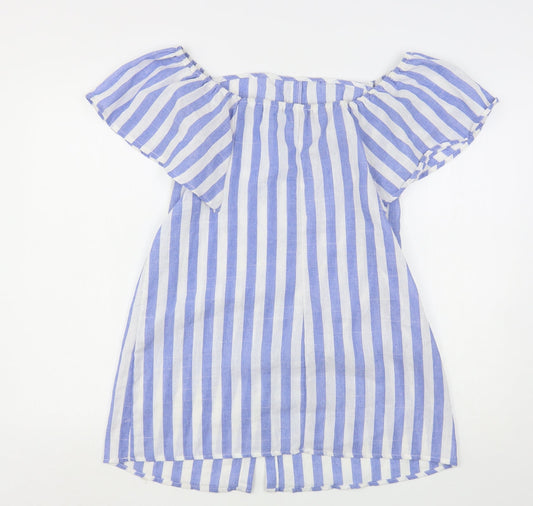 Shein Womens Blue Striped Cotton Basic Button-Up Size M Boat Neck