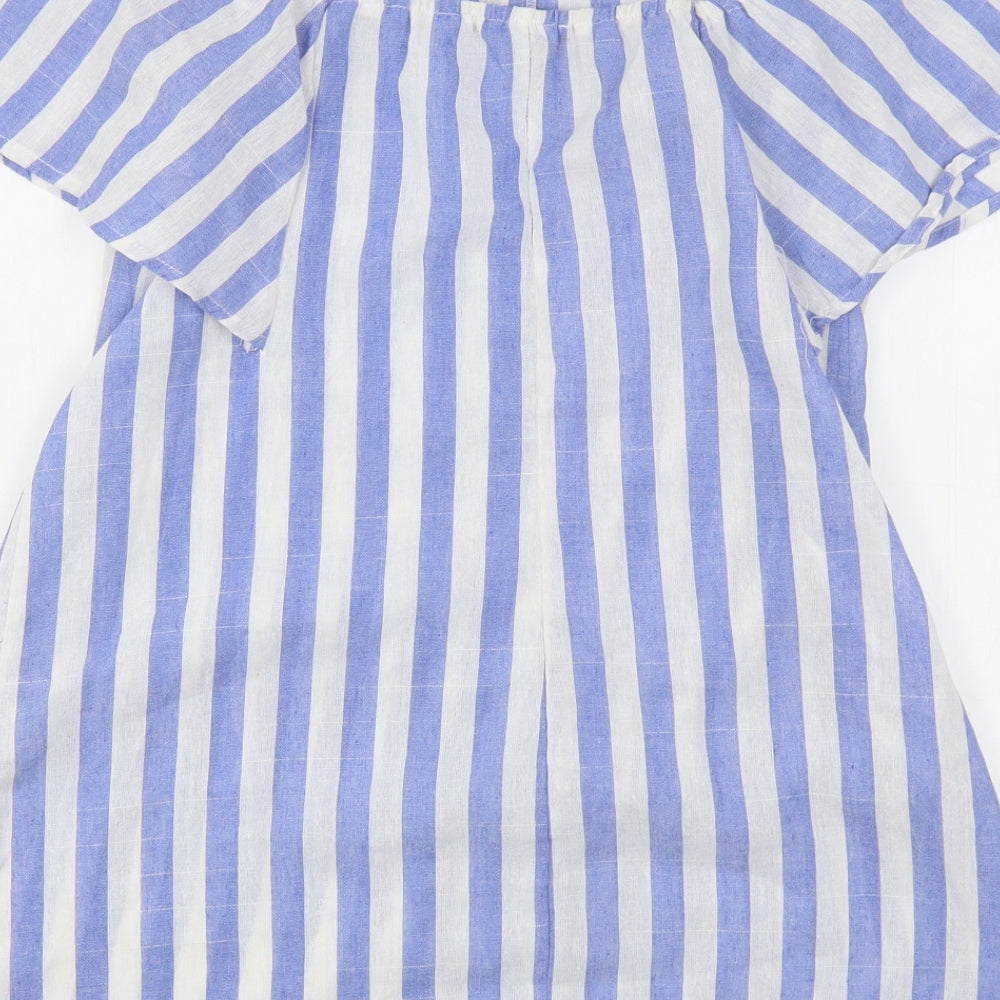 Shein Womens Blue Striped Cotton Basic Button-Up Size M Boat Neck