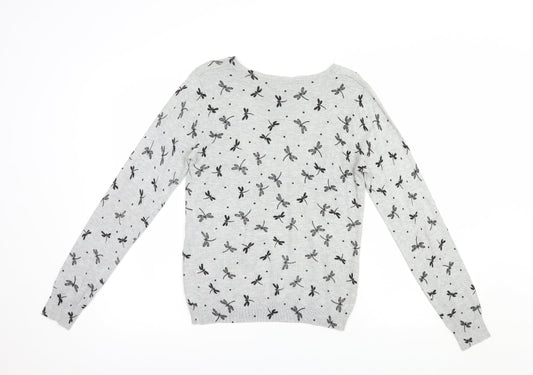TU Womens Grey Boat Neck Geometric Viscose Pullover Jumper Size 8 - Dragonfly Print