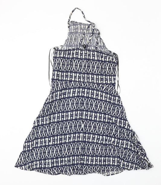 Divided by H&M Womens Blue Geometric Viscose Skater Dress Size 8 Square Neck