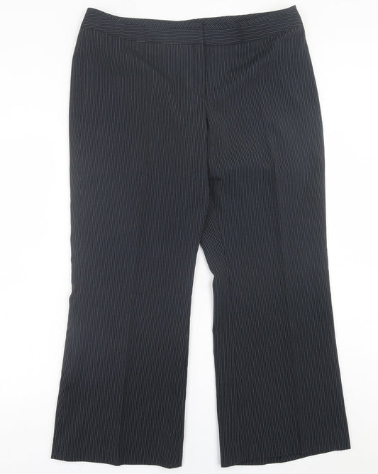 F&F Womens Black Striped Polyester Trousers Size 16 L28 in Regular Hook & Eye