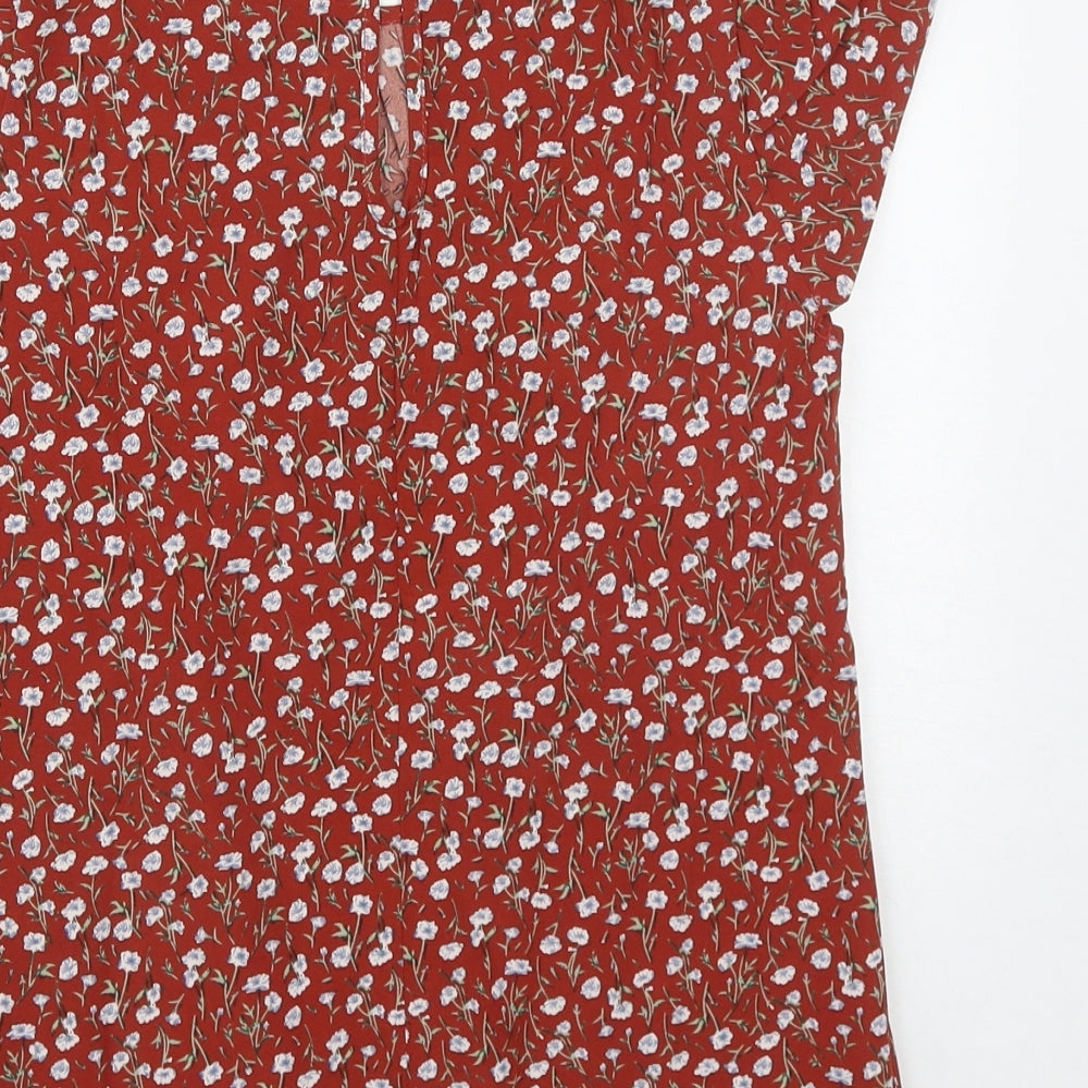 SheIn Womens Brown Floral Polyester Basic Blouse Size XS Round Neck