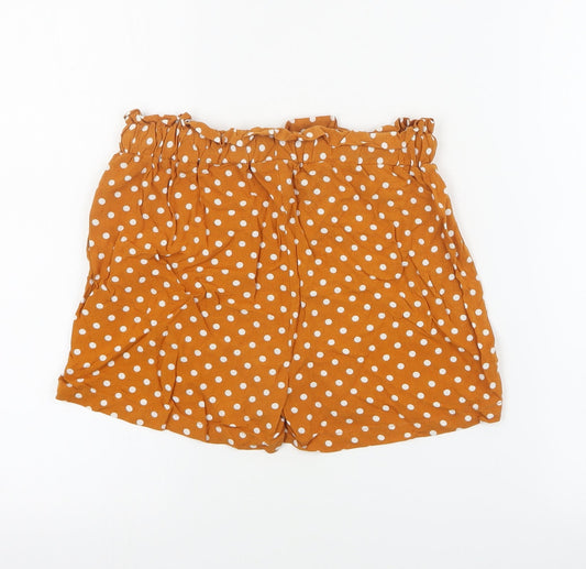 Primark Womens Orange Polka Dot Viscose Paperbag Shorts Size 6 Regular Drawstring
