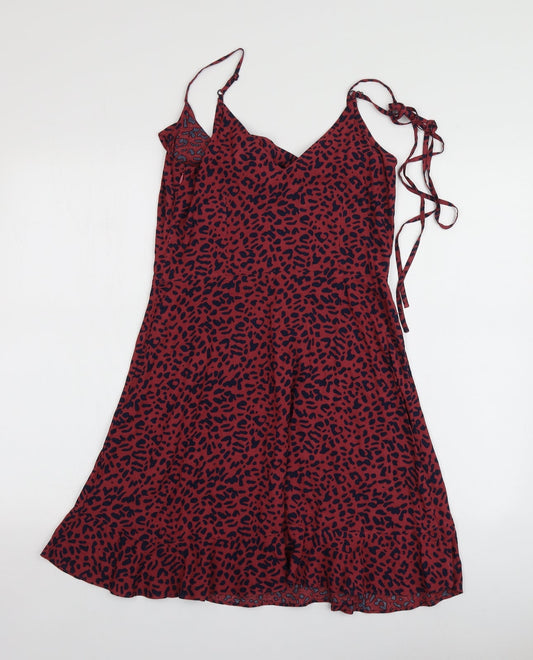 Oasis Womens Red Animal Print Polyester Mini Size 8 V-Neck