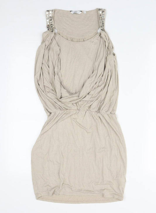 New Look Womens Beige Viscose Fit & Flare Size 8 Round Neck