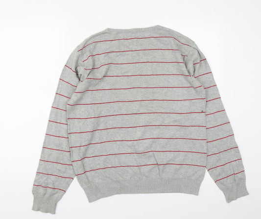 Cedar Wood State Mens Grey V-Neck Striped Cotton Pullover Jumper Size M