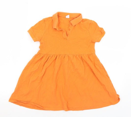 SheIn Girls Orange Cotton A-Line Size 7 Years Collared Button