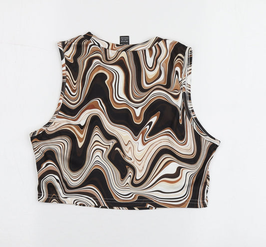 SheIn Womens Brown Geometric Polyester Basic T-Shirt Size L High Neck