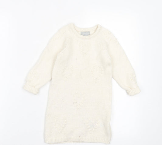 Primark Girls White Acrylic Jumper Dress Size 24 Months Crew Neck Pullover