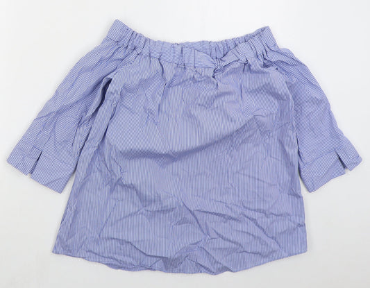 TU Womens Blue Striped Cotton Basic Blouse Size 8 Off the Shoulder