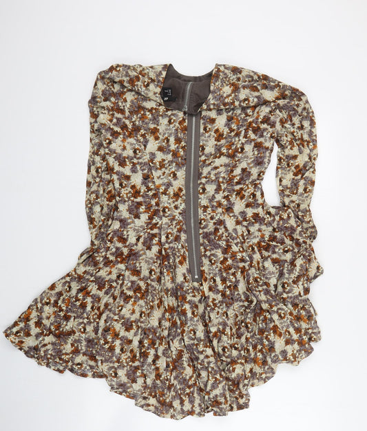H&M Womens Brown Floral Viscose Mini Size 6 Round Neck Zip