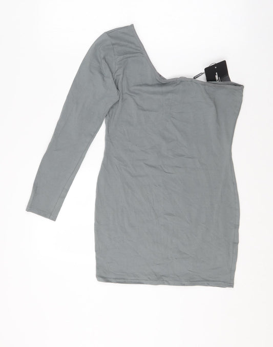 PRETTYLITTLETHING Womens Grey Cotton Bodycon Size 14 One Shoulder