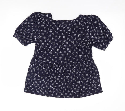 F&F Womens Blue Floral Polyester Jersey T-Shirt Size 10 Square Neck