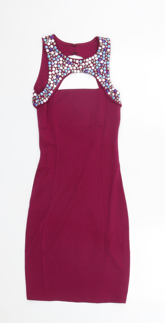 ASOS Womens Purple Viscose Bodycon Size 6 Round Neck Hook & Eye