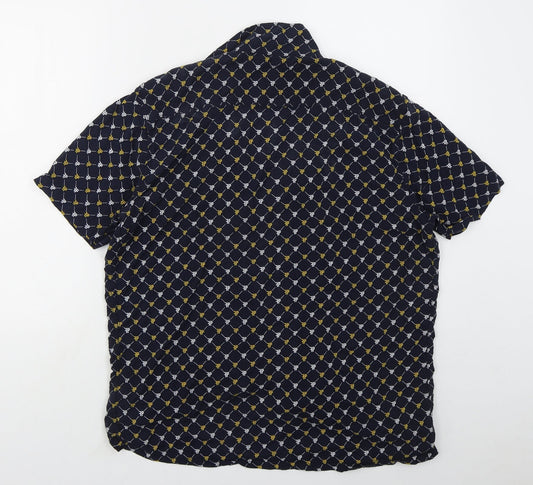 Primark Mens Blue Geometric Viscose Button-Up Size M Collared Button