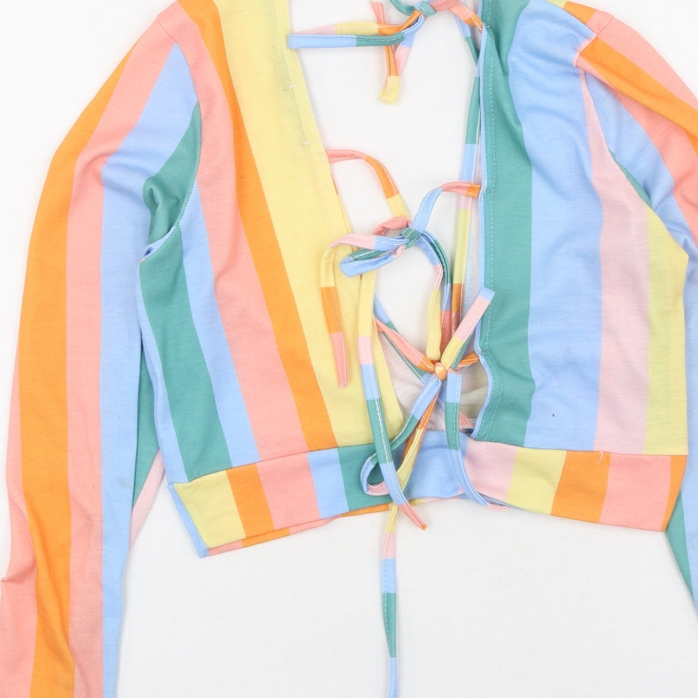 Boohoo Womens Multicoloured Striped Polyester Basic T-Shirt Size 12 V-Neck