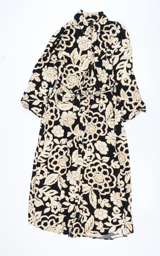 F&F Womens Black Floral Viscose Shirt Dress Size 6 Collared Button