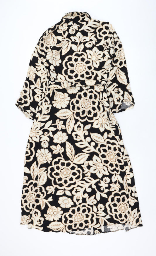 F&F Womens Black Floral Viscose Shirt Dress Size 6 Collared Button