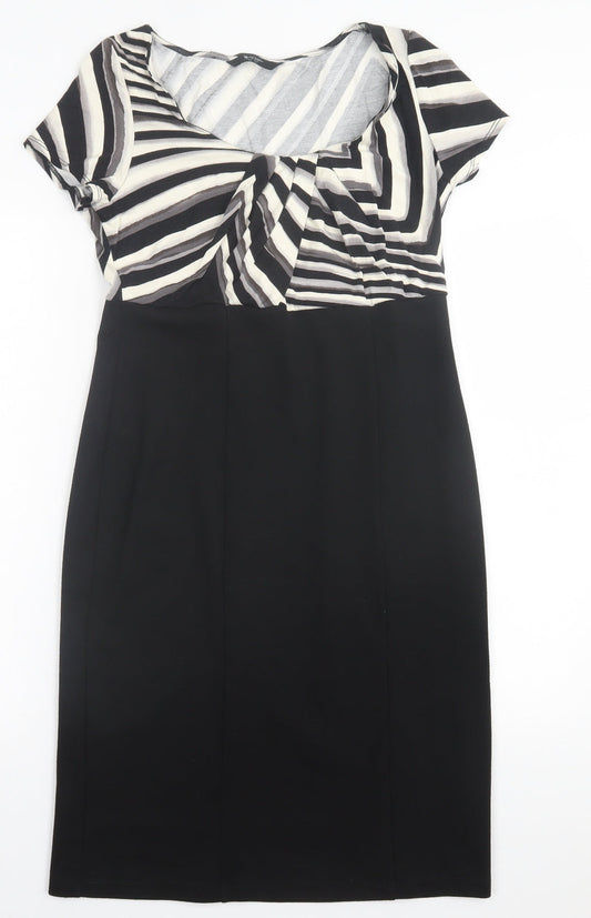 BHS Womens Black Striped Polyester A-Line Size 12 V-Neck Pullover