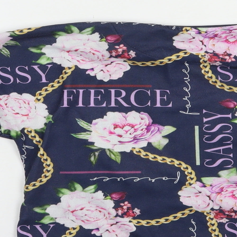 Studio Girls Blue Floral Polyester Cropped T-Shirt Size 12-13 Years Crew Neck Pullover - Sassy
