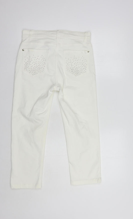 Per Una Womens White  Cotton Cropped Jeans Size 8 L23 in Regular Button - Embellished Pockets