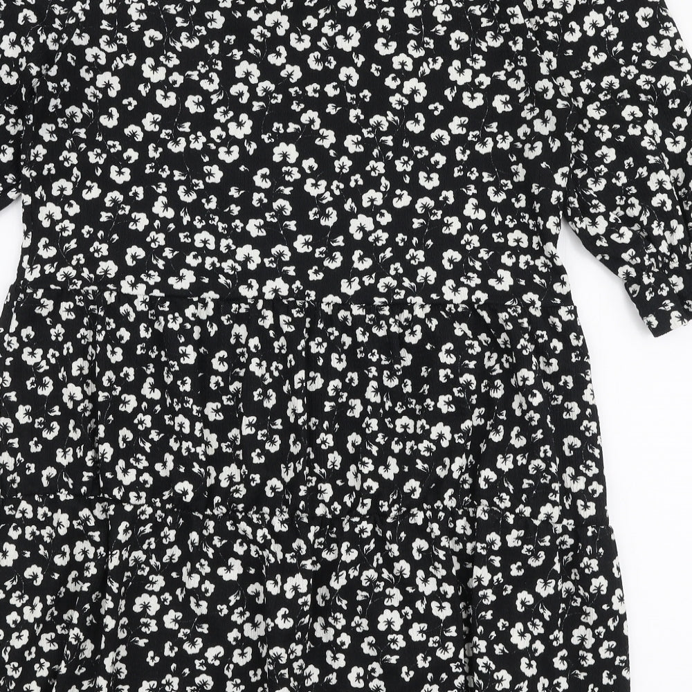 Papaya Womens Black Floral Polyester Trapeze & Swing Size S Round Neck Pullover - Smock dress