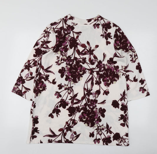 Classics Womens White Round Neck Floral Polyester Pullover Jumper Size 14