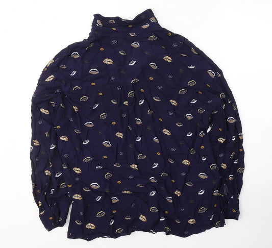 TU Womens Blue Geometric Viscose Basic Button-Up Size 10 Collared