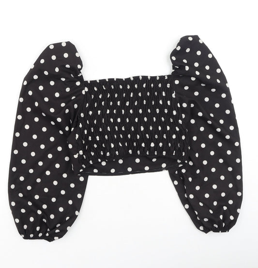 Boohoo Womens Black Polka Dot Polyester Basic Blouse Size 8 Square Neck