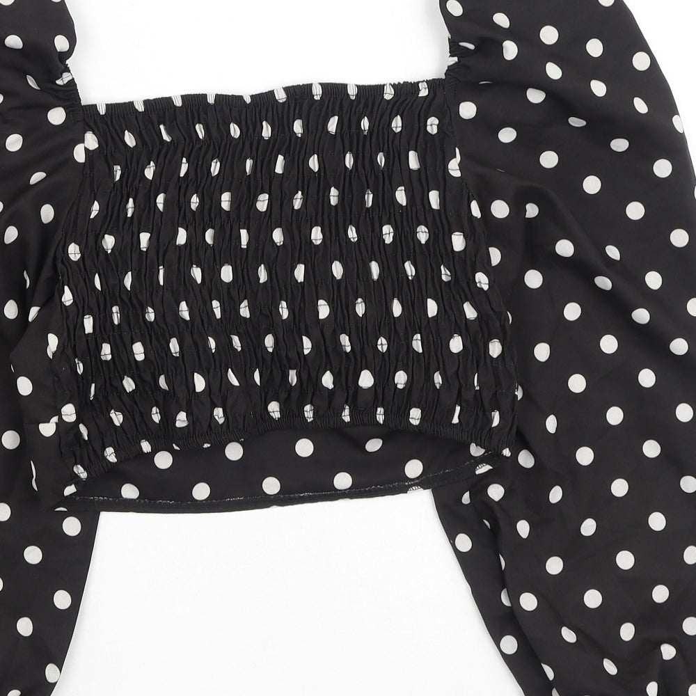 Boohoo Womens Black Polka Dot Polyester Basic Blouse Size 8 Square Neck