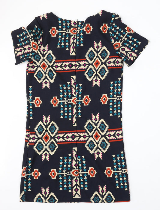 New Look Womens Blue Geometric Polyester Pencil Dress Size 8 Round Neck