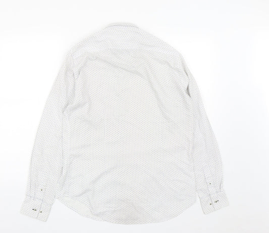 Zara Mens White Geometric Polyester  Button-Up Size L Collared Button