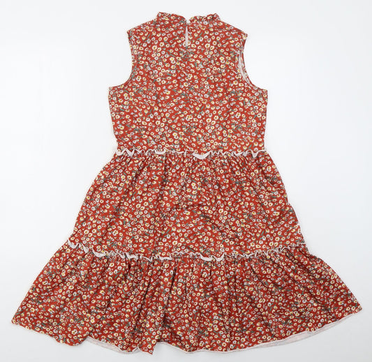 SheIn Womens Red Floral Polyester A-Line Size S Round Neck Button