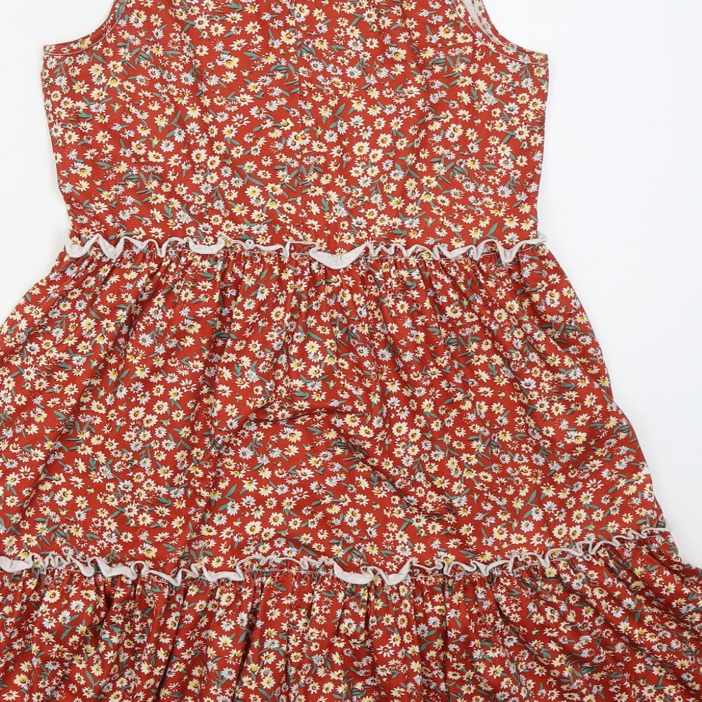 SheIn Womens Red Floral Polyester A-Line Size S Round Neck Button