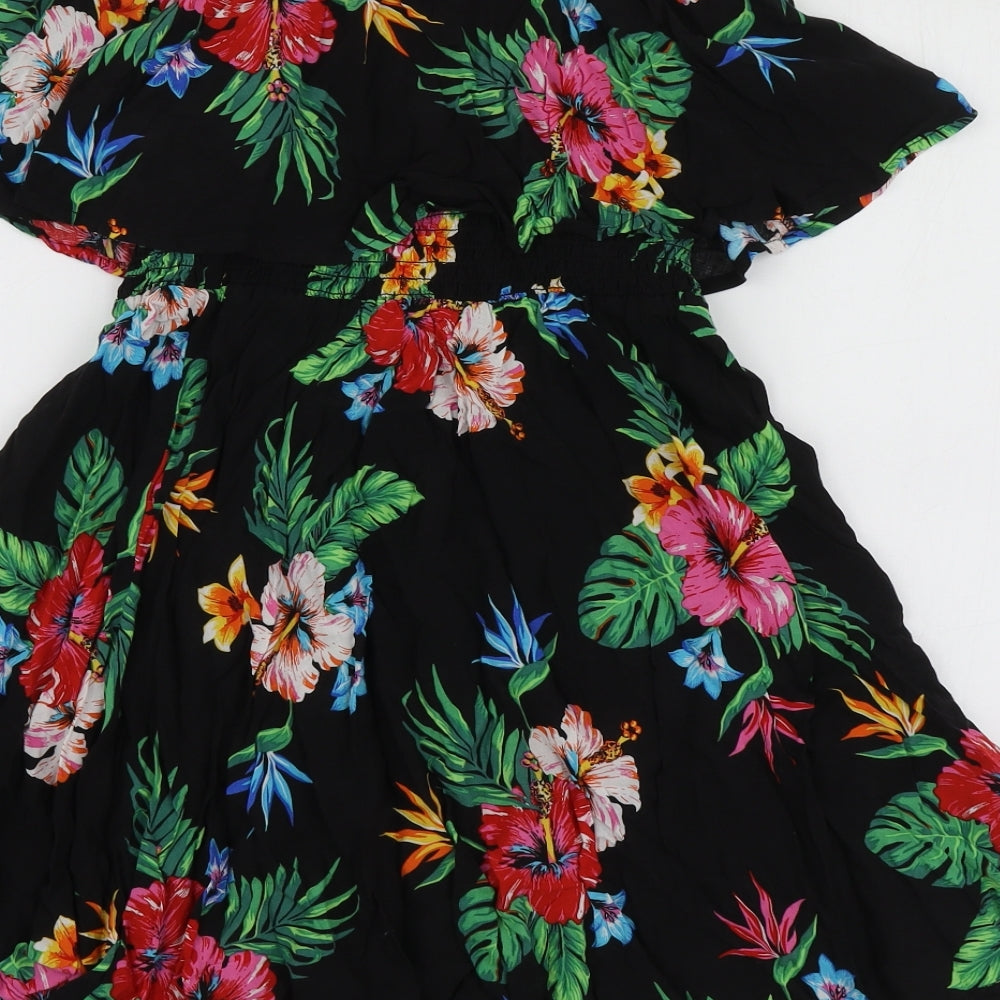 New Look Womens Black Floral Polyester Mini Size 8 Square Neck