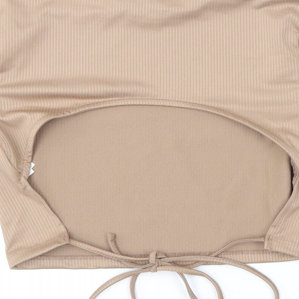 Primark Womens Brown Polyester Cropped T-Shirt Size S Round Neck