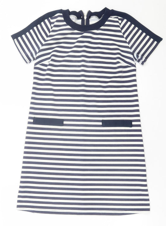 Atmosphere Womens Blue Striped Polyester A-Line Size 8 Crew Neck Zip