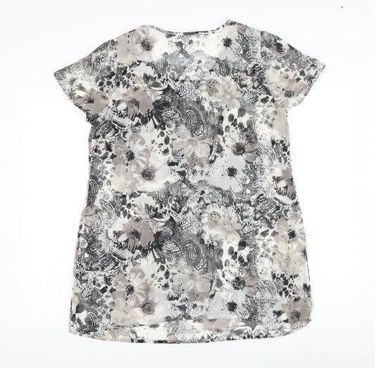 Preworn Womens White Floral Polyester Basic Blouse Size 14 Round Neck