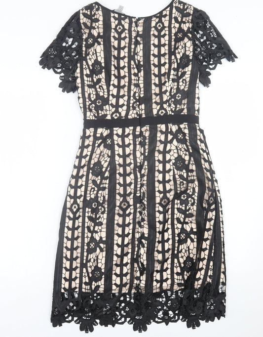 Coast Womens Black Geometric Polyester A-Line Size 6 Crew Neck Zip